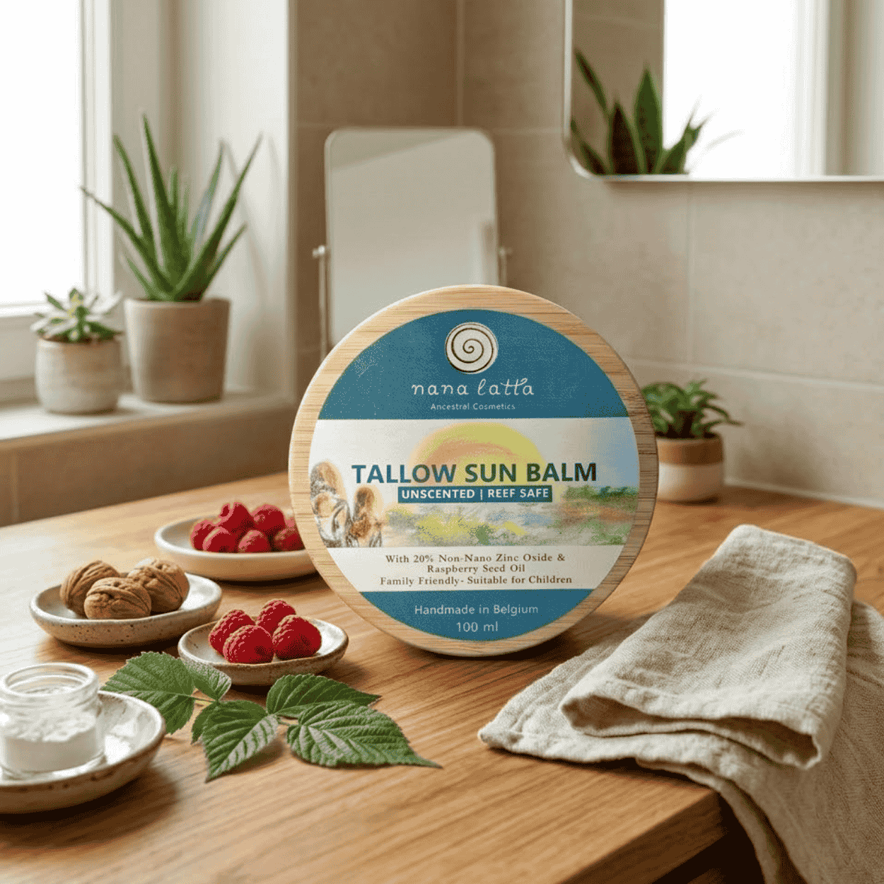 Kulatoá dřevěnoá krabička opalovacího krému „Tallow Sun Balm“ stojící na dřevěné desce, obklopenoá miskami s malinami a vlašskými ořechy, lněnou utěrkou a zelenými rostlinami v pozadí prosvětleného interiéru.